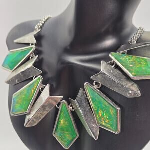Vintage Iridescent Green Statement Necklace Geometric Metal Sliver Tone 16"-19"
